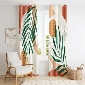Mid Century Modern Curtains Set Thick Cotton Boho Curtain Blackout for Bedroom Bohemian Style Decor Window Leaf Print Classical Drapes for Living Dining Room, 2 Panels, W52×84L