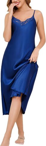 Vlazom Women's Satin Nightgowns Sexy Lingerie Long Nightgowns Satin Silk Negligee V Neck Lace Chemise Sleepwear S-XXL in Saudi Arabia