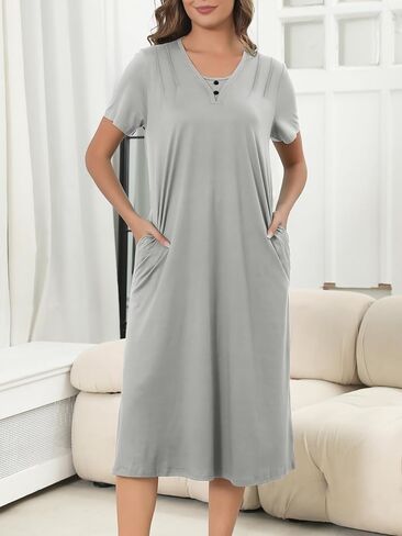 Chunoy Sleepshirt Dress for Womens Short Sleeve Nightgown Button Henley Sleepwear Gown Lounge Night Dress in Kuwait