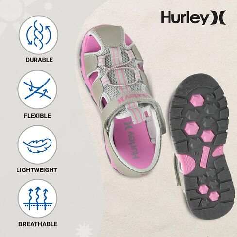 Hurley Kid's Deck Water Sandals والصنادل الرياضية والصنادل الشاطئية للأولاد والبنات ، وصنادل أخمص القدمين شبه المغلقة ذات الوزن الخفيف مع الجزء العلوي القابل للتعديل - للهواء الطلق واللعب المائي وحمام السباحة in Saudi Arabia