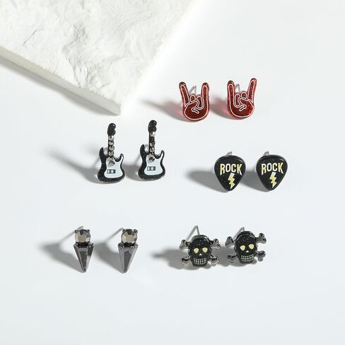 Madison Tyler 5Pairs Funny Studs Earrings Set for Women | Punk Retro Classic Spiked Guitar Rock Hand Skull Earrings | Rock and Roll Accessories for Women in Kuwait