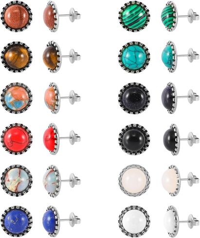 12 Pairs Multi Gemstone Stud Earrings Gold Plated Stainless Steel Turquoise Tiger Eye Onyx Lapis Lazuli Malachite Stone Stud Earrings Set for Women in Saudi Arabia