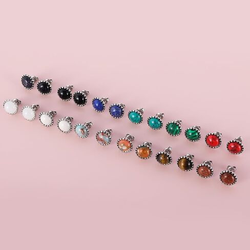 12 Pairs Multi Gemstone Stud Earrings Gold Plated Stainless Steel Turquoise Tiger Eye Onyx Lapis Lazuli Malachite Stone Stud Earrings Set for Women in Saudi Arabia