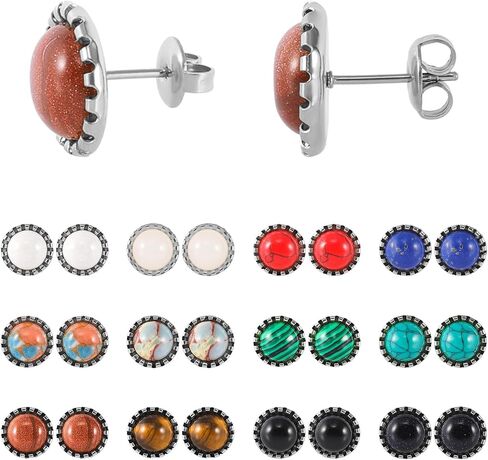 12 Pairs Multi Gemstone Stud Earrings Gold Plated Stainless Steel Turquoise Tiger Eye Onyx Lapis Lazuli Malachite Stone Stud Earrings Set for Women in Saudi Arabia