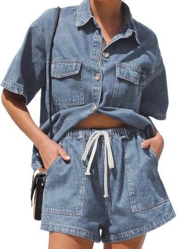 Denim Set for Women 2 Piece Button Down Shirt High Waist Denim Short Set Summer Jean Matching Sets in Saudi Arabia