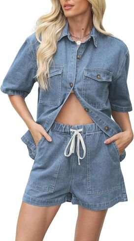 Denim Set for Women 2 Piece Button Down Shirt High Waist Denim Short Set Summer Jean Matching Sets in Saudi Arabia