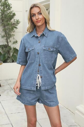 Denim Set for Women 2 Piece Button Down Shirt High Waist Denim Short Set Summer Jean Matching Sets in Saudi Arabia