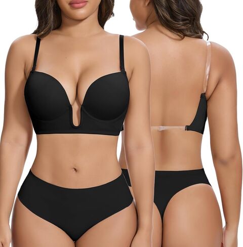 Joyshaper Low Cut Bras for Women Deep Grownge Cleavage Braless Bra Underwire Aptible Up Halter Bra مع أحزمة واضحة in Saudi Arabia