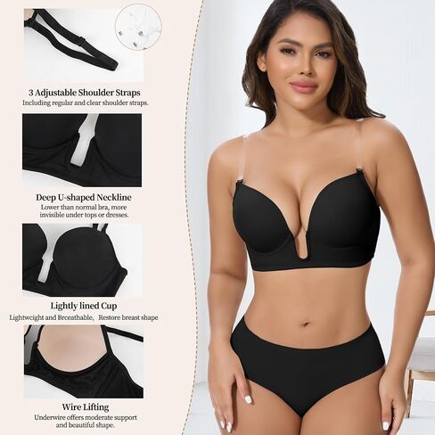 Joyshaper Low Cut Bras for Women Deep Grownge Cleavage Braless Bra Underwire Aptible Up Halter Bra مع أحزمة واضحة in Saudi Arabia