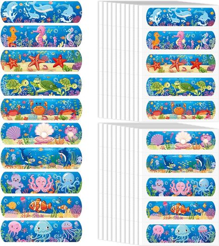 200 Pcs Kid Bandages Bulk Cute Cartoon Bandage Children's Adhesive Flexible Colorful Strip Waterproof Breathable PE Stickers Protection Care Cuts for Ocean Under Sea Party Girl Boy in Saudi Arabia