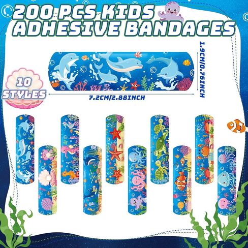 200 Pcs Kid Bandages Bulk Cute Cartoon Bandage Children's Adhesive Flexible Colorful Strip Waterproof Breathable PE Stickers Protection Care Cuts for Ocean Under Sea Party Girl Boy in Saudi Arabia