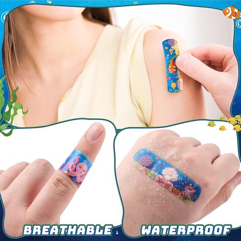 200 Pcs Kid Bandages Bulk Cute Cartoon Bandage Children's Adhesive Flexible Colorful Strip Waterproof Breathable PE Stickers Protection Care Cuts for Ocean Under Sea Party Girl Boy in Kuwait