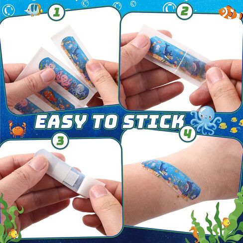 200 Pcs Kid Bandages Bulk Cute Cartoon Bandage Children's Adhesive Flexible Colorful Strip Waterproof Breathable PE Stickers Protection Care Cuts for Ocean Under Sea Party Girl Boy in Saudi Arabia