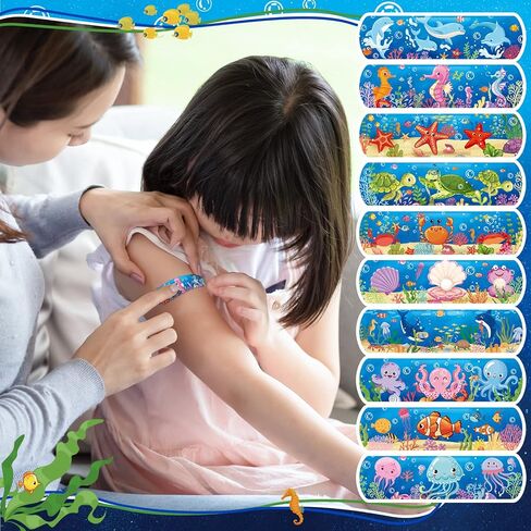 200 Pcs Kid Bandages Bulk Cute Cartoon Bandage Children's Adhesive Flexible Colorful Strip Waterproof Breathable PE Stickers Protection Care Cuts for Ocean Under Sea Party Girl Boy in Kuwait