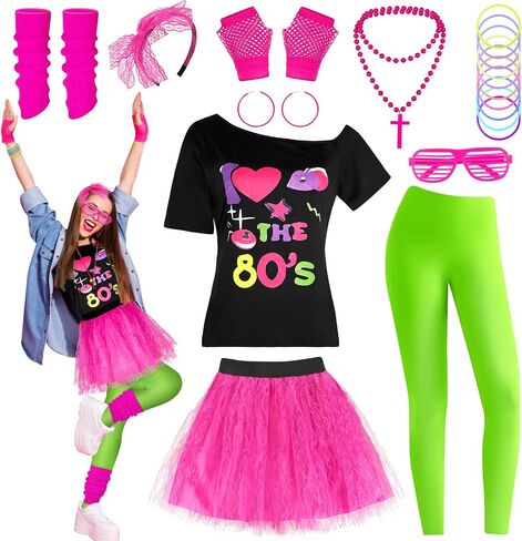 80s Costume Set for Women 80s Outfit Accessories Set Off Shoulder Pink T Shirt Leggings Bracelets Hairband Fishnet Gloves Beaded Necklace for Hollowen Party-L in Saudi Arabia