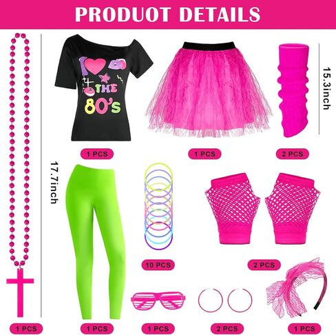 80s Costume Set for Women 80s Outfit Accessories Set Off Shoulder Pink T Shirt Leggings Bracelets Hairband Fishnet Gloves Beaded Necklace for Hollowen Party-L in Saudi Arabia