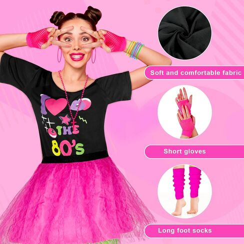 80s Costume Set for Women 80s Outfit Accessories Set Off Shoulder Pink T Shirt Leggings Bracelets Hairband Fishnet Gloves Beaded Necklace for Hollowen Party-L in Saudi Arabia