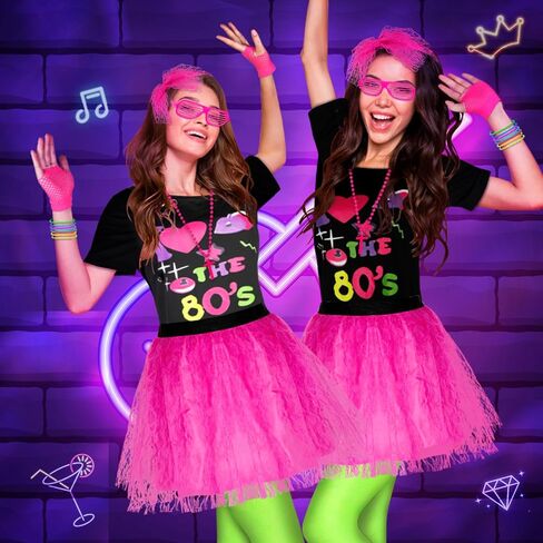 80s Costume Set for Women 80s Outfit Accessories Set Off Shoulder Pink T Shirt Leggings Bracelets Hairband Fishnet Gloves Beaded Necklace for Hollowen Party-L in Saudi Arabia