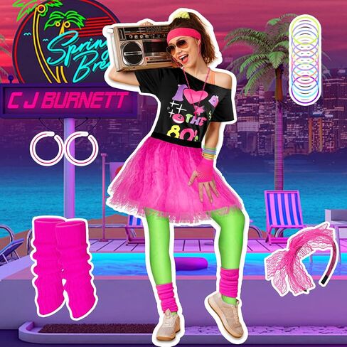 80s Costume Set for Women 80s Outfit Accessories Set Off Shoulder Pink T Shirt Leggings Bracelets Hairband Fishnet Gloves Beaded Necklace for Hollowen Party-L in Saudi Arabia