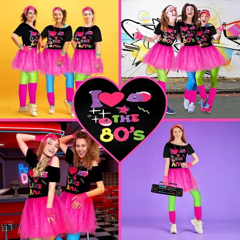 80s Costume Set for Women 80s Outfit Accessories Set Off Shoulder Pink T Shirt Leggings Bracelets Hairband Fishnet Gloves Beaded Necklace for Hollowen Party-L in Saudi Arabia