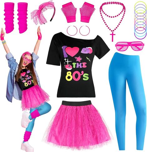 80s Costume Set for Women 80s Outfit Accessories Set Off Shoulder Pink T Shirt Leggings Bracelets Hairband Fishnet Gloves Beaded Necklace for Hollowen Party-L in Saudi Arabia