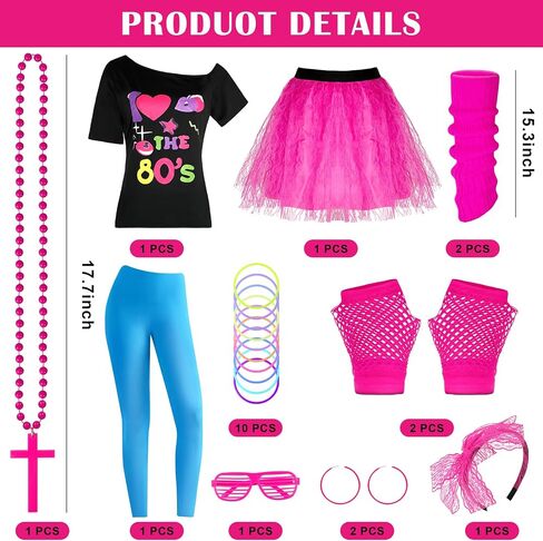 80s Costume Set for Women 80s Outfit Accessories Set Off Shoulder Pink T Shirt Leggings Bracelets Hairband Fishnet Gloves Beaded Necklace for Hollowen Party-L in Saudi Arabia