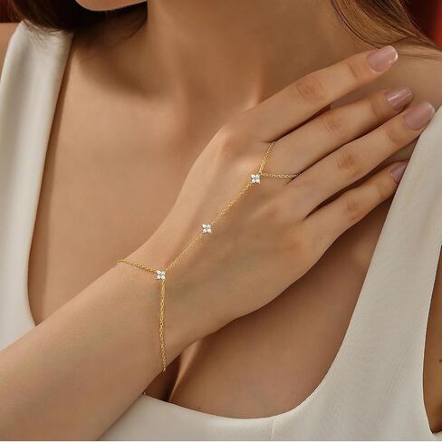 Bracelets for Women 14K Gold Silver Plated Ring Bracelet Hand Chain Dainty Evil Eye Heart Clover Daisy Cubic Zirconia Stackable Link Chain Hypoallergenic Body Jewelry Cute Trendy Gifts in Kuwait