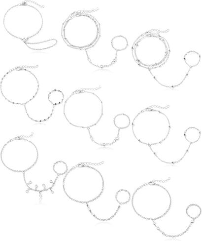 Tornito 9Pcs Hand Chain Bracelet for Women 18k Gold Plated Ring Bracelet Cubic Zircon Bead Flower Finger Bracelet Hand Jewelry Silver Gold Tone Size Adjustable in Saudi Arabia