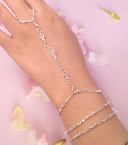 Tornito 9Pcs Hand Chain Bracelet for Women 18k Gold Plated Ring Bracelet Cubic Zircon Bead Flower Finger Bracelet Hand Jewelry Silver Gold Tone Size Adjustable in Saudi Arabia