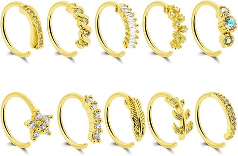 10PCS 20G Gold Nose Ring Hoop, Stainless Steel Zircon Feather Nose Rings for Women Hoop, Cartilage Earrings Lip Ring Piercing Jewelry 8mm in Saudi Arabia