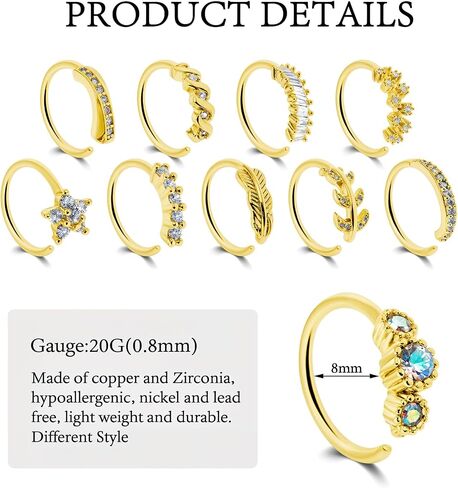 10PCS 20G Gold Nose Ring Hoop, Stainless Steel Zircon Feather Nose Rings for Women Hoop, Cartilage Earrings Lip Ring Piercing Jewelry 8mm in Saudi Arabia