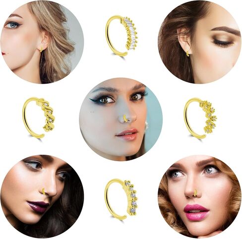 10PCS 20G Gold Nose Ring Hoop, Stainless Steel Zircon Feather Nose Rings for Women Hoop, Cartilage Earrings Lip Ring Piercing Jewelry 8mm in Saudi Arabia