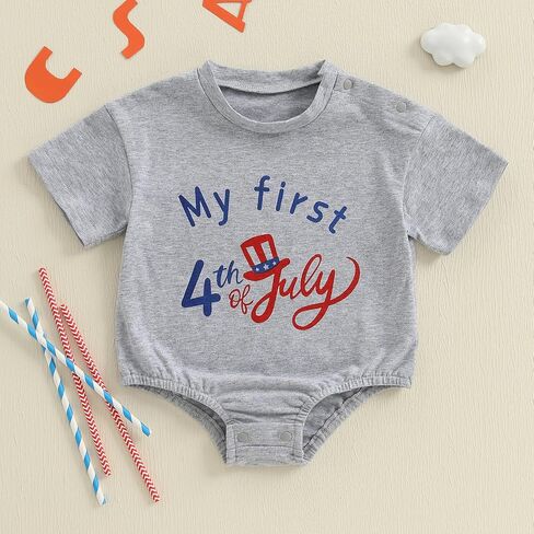 Newborn Baby Boy Girl My 1st 4th Of July Outfit Short Sleeve American Flag Car Firework Print Bubble Romper in Saudi Arabia