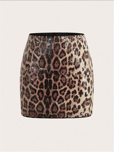 Verdusa Women's Leopard Print Sequin Mini Skirt Rave Party High Waist Bodycon Skirts in Saudi Arabia
