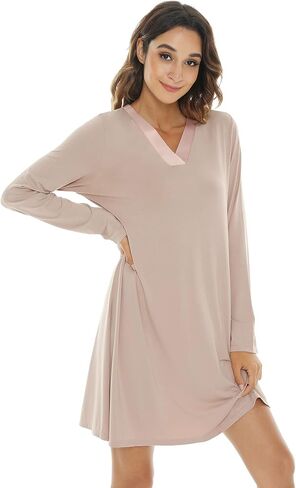 NACHILA Nightgowns for Women-Viscose Made from Bamboo,Long Sleeve Night Shirt Soft Sleepshirt Satin V Neck Sleepwear in Saudi Arabia