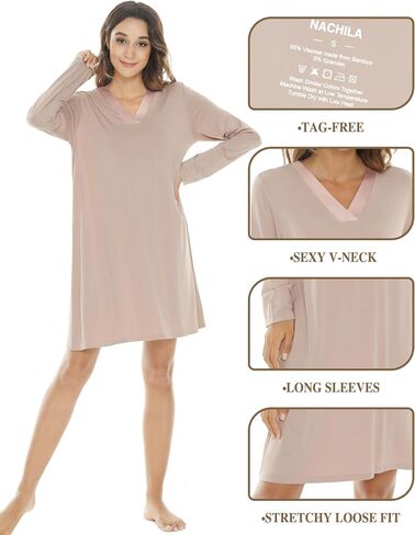 NACHILA Nightgowns for Women-Viscose Made from Bamboo,Long Sleeve Night Shirt Soft Sleepshirt Satin V Neck Sleepwear in Saudi Arabia