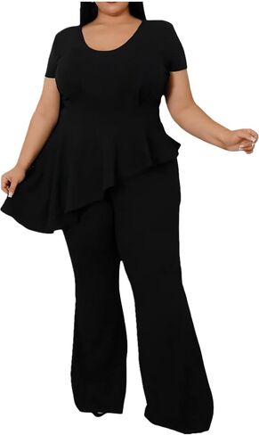 Plus Size 2 Piece Sets for Curvy Women Short Sleeve Pleated Top Wide Leg Pants Sets Pockets Business Pantsuits in Kuwait