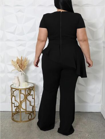 Plus Size 2 Piece Sets for Curvy Women Short Sleeve Pleated Top Wide Leg Pants Sets Pockets Business Pantsuits in Kuwait