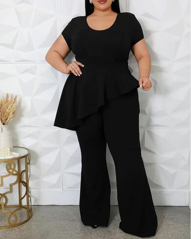 Plus Size 2 Piece Sets for Curvy Women Short Sleeve Pleated Top Wide Leg Pants Sets Pockets Business Pantsuits in Kuwait