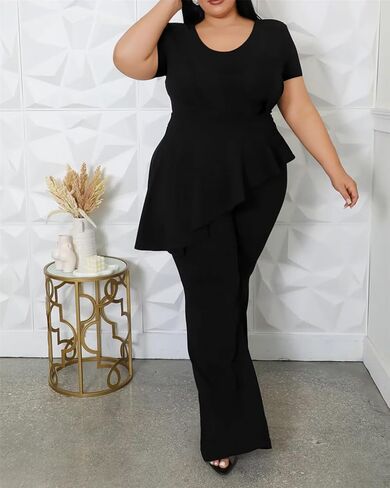 Plus Size 2 Piece Sets for Curvy Women Short Sleeve Pleated Top Wide Leg Pants Sets Pockets Business Pantsuits in Kuwait