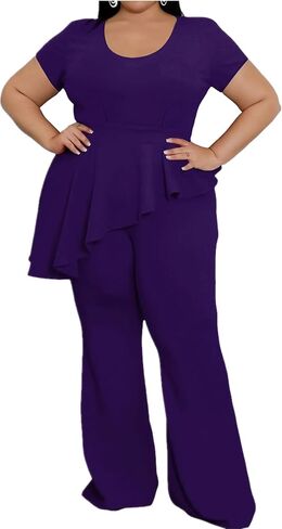 Plus Size 2 Piece Sets for Curvy Women Short Sleeve Pleated Top Wide Leg Pants Sets Pockets Business Pantsuits in Kuwait