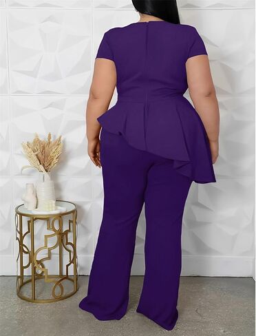 Plus Size 2 Piece Sets for Curvy Women Short Sleeve Pleated Top Wide Leg Pants Sets Pockets Business Pantsuits in Kuwait