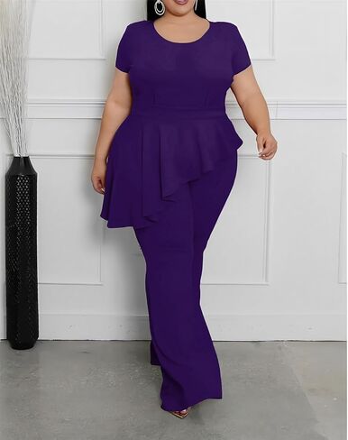 Plus Size 2 Piece Sets for Curvy Women Short Sleeve Pleated Top Wide Leg Pants Sets Pockets Business Pantsuits in Kuwait