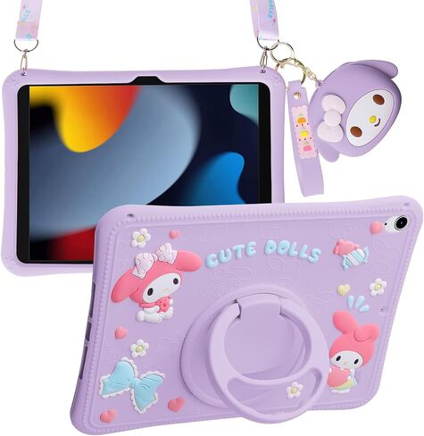 for iPad 10th Generation Case 2022 with Kickstand Lanyard Soft Cartoon Silicone Case for Girls Kids Cute Protective Tablet Cover for iPad 10th Gen 10.9 inch 2022(Pink) in Saudi Arabia