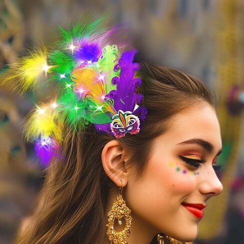 Yokawe Mardi Gras ريشة الرأس يضيء مشبك الشعر مقطع الرأس كرنفال أزياء الأزياء الحزب الإكسسوارات للشعر للنساء in Kuwait