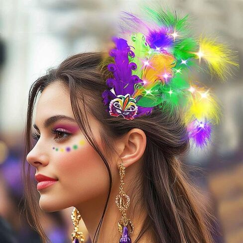 Yokawe Mardi Gras ريشة الرأس يضيء مشبك الشعر مقطع الرأس كرنفال أزياء الأزياء الحزب الإكسسوارات للشعر للنساء in Kuwait