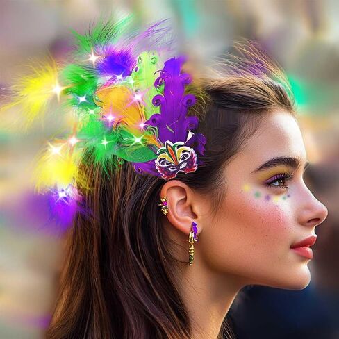 Yokawe Mardi Gras ريشة الرأس يضيء مشبك الشعر مقطع الرأس كرنفال أزياء الأزياء الحزب الإكسسوارات للشعر للنساء in Kuwait