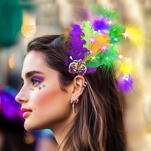 Yokawe Mardi Gras ريشة الرأس يضيء مشبك الشعر مقطع الرأس كرنفال أزياء الأزياء الحزب الإكسسوارات للشعر للنساء in Kuwait