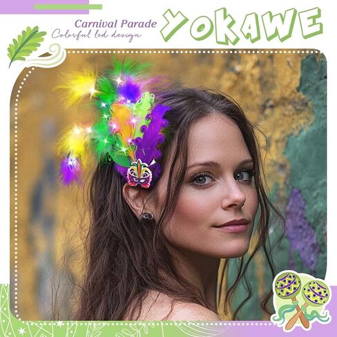Yokawe Mardi Gras ريشة الرأس يضيء مشبك الشعر مقطع الرأس كرنفال أزياء الأزياء الحزب الإكسسوارات للشعر للنساء in Kuwait