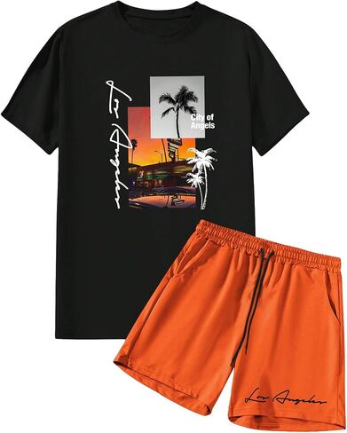 Men's Track Suit 2 Piece Set Short Sleeve Graphic Tees & Drawstring Waist Shorts Casual Outfits in Saudi Arabia
